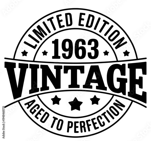 The image features a circular design with the words 1963 and vintage in bold letters.