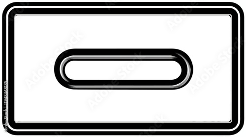 Black and white rectangular graphic with rounded corners and a central, elongated pill-shaped element