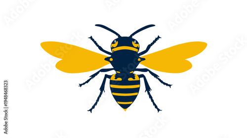 A stylized illustration of a wasp, depicted with yellow wings and striped abdomen, on a white background