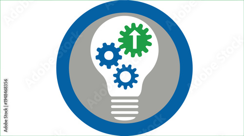 A stylized illustration depicting an idea. It shows a lightbulb with gears inside and an up arrow