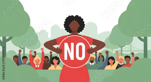 Woman saying no to a crowd.