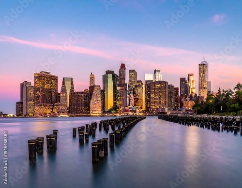 Wallpaper Mural Cityscape at dusk reflects on water. Skyline glows with artificial lights against pink and blue sky Torontodigital.ca