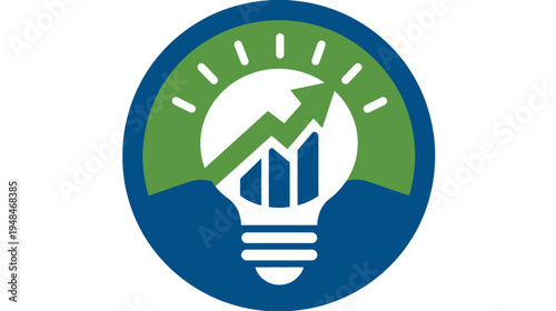 Circular icon featuring a lightbulb with an upward trend arrow and bar chart elements