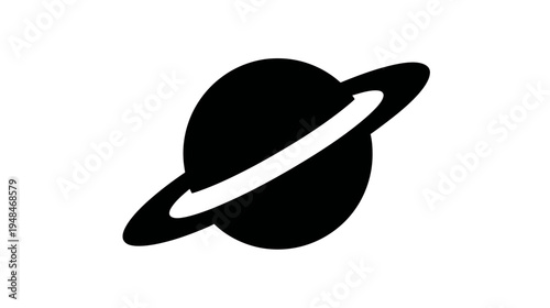 A simplified illustration of a celestial body with a ring in solid black against a white background
