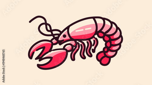 A stylized cartoon lobster illustration with a red and pink color scheme against a beige background