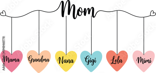 A heartwarming illustration of a mother's love with colorful hearts and names