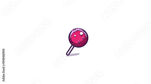 Pixelated illustration of a pink, bitten lollipop on a stick, with shadow, on a white background