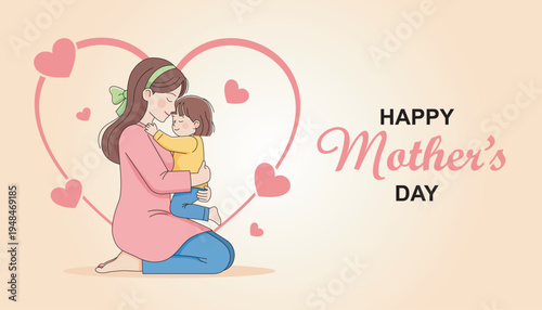 Happy mothers day greeting card with mother and child illustration