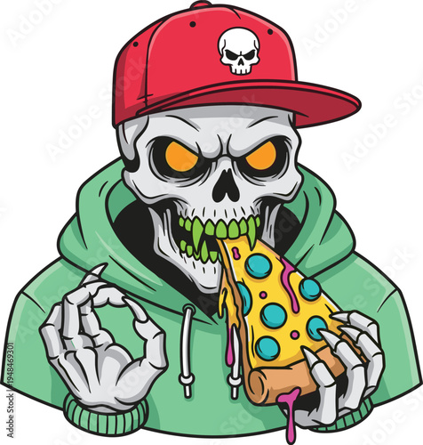 Cartoon skeleton eating pizza vibrant colors glowing eyes humorous spooky character illustration streetwear cap hoodie surreal comic art playful undead design concept