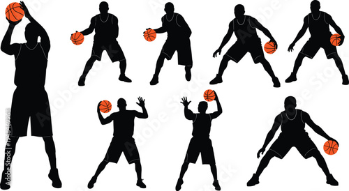 Silhouette collection of basketball players, shooting, dribbling, passing, defensive stances, sports action concept, editable vector illustration