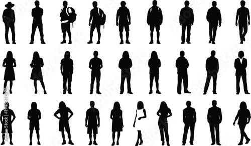 Silhouette collection of diverse human figures, male and female characters, fashion styles, standing poses, demographic representation, editable vector illustration