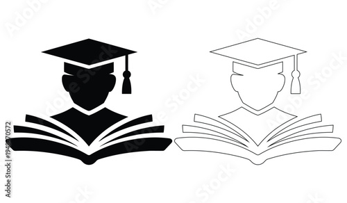 Graduation Student Book Icon Set, Education Learning Symbol, Academic Cap Scholar Logo Vector