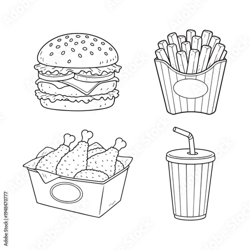 Fast Food Set for Coloring Pages. Burger, French Fries, nuggets, breaded chicken legs and Glass of Soft Drink. Vector Illustration of Delicious Food. Cafe or Restaurant Menu Design. coloring book