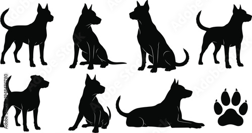 Silhouette collection of dogs in various poses, standing, sitting, lying down, paw print symbol, pet concept, editable vector illustration