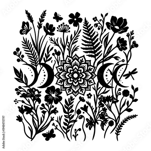 Floral design with moon phases and various plants in black silhouette  