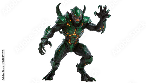 Photography Aggressive dark green monster action figure with glowing orange eyes and sharp c