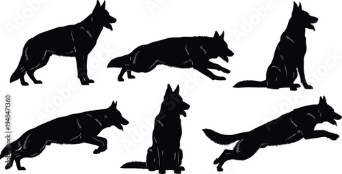 Silhouette collection of German Shepherd dogs, standing, sitting, running, jumping poses, canine movement concept, editable vector illustration