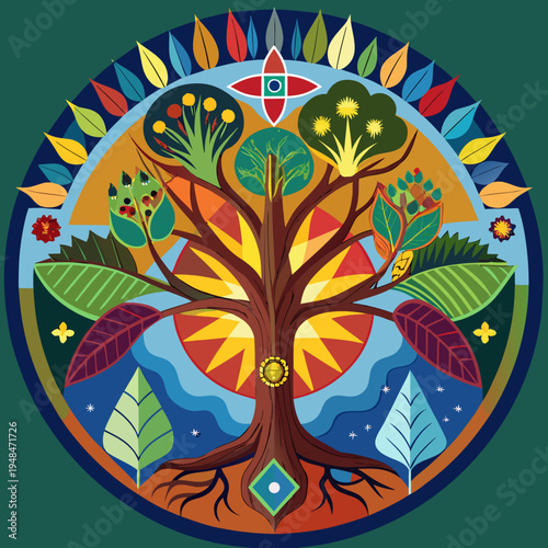Colorful tree of life mandala with symmetrical foliage and radiant sun