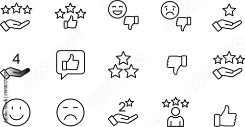 Customer feedback rating icons set with stars thumbs up down happy sad faces review satisfaction line vector collection for user experience interfaces