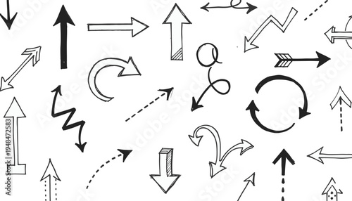 Hand drawn arrow doodle collection showing various directional pointers, curved arrows, navigation symbols and sketch style indicators isolated on light background