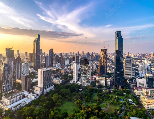 Cityscape panorama at sunset over park