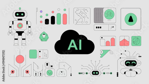 Robot and AI technology icons.