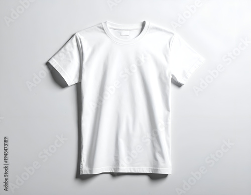 A pristine white t-shirt laid flat against a bright, plain backdrop