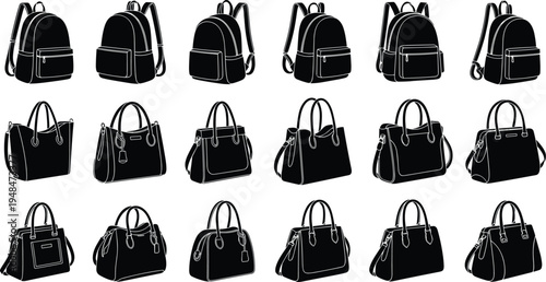 bag, backpack, handbag, purse, collection, silhouette, fashion, accessory, set, tote, school, travel, stylish, vector, illustration, black, isolated, design, icons, assortment