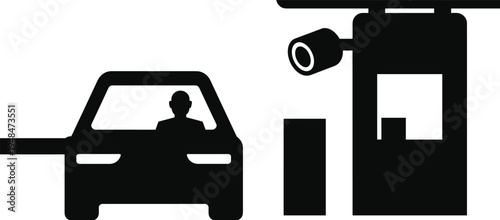 Car at parking barrier gate with security camera icon, vehicle access control checkpoint system vector symbol illustration