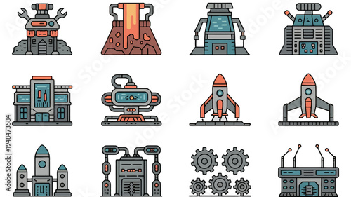 Industrial robots and machinery icons set.