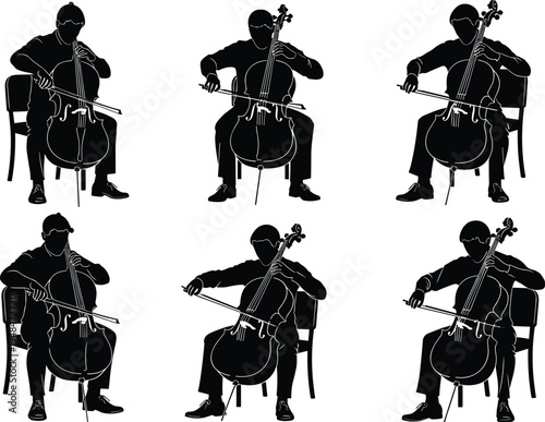 Cello player silhouette set, classical musician performing with cello instrument, orchestra music performance vector illustration isolated design collection