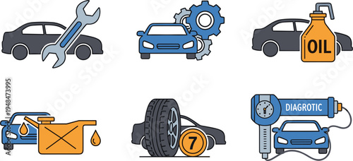 Automotive repair and maintenance vector illustrations featuring car diagnostics, oil change, tire maintenance, and mechanical tools for auto service and vehicle care projects.