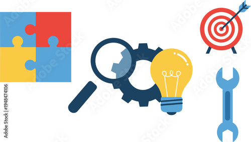Business strategy and problem solving vector icons featuring puzzle pieces magnifying glass gears light bulb target and wrench for innovation analysis and solution concepts.