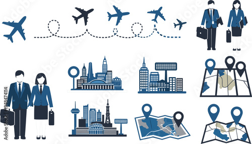 Business Travel Icons Featuring Airplanes, Business People, City Landmarks, and Maps for Corporate and Travel Design Projects.