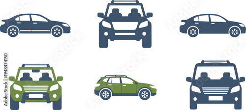 Car and automobile vector illustrations featuring various car models including sedans, SUVs, and crossovers for automotive, transportation, and vehicle-related projects.