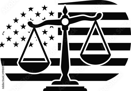 Constitution day symbolism scales of justice in front of american flag