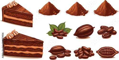 Chocolate Cake Slice with Cocoa Beans, Cocoa Powder, and Chocolate Ingredients for Dessert, Baking, and Sweet Treats Designs.