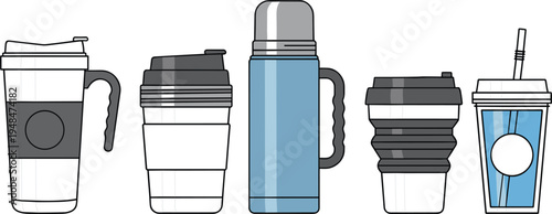 Coffee cup and travel mug vector icons featuring takeaway coffee cups thermos mug disposable cup and reusable drink containers for cafe beverage and coffee shop design.