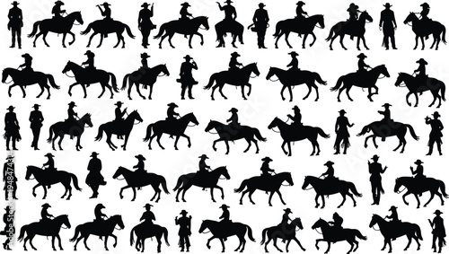Cowboy rider silhouettes collection, western horse riding ranch cowboys vector set isolated wild west equestrian illustration icons