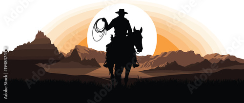Cowboy riding horse silhouette in desert sunset landscape, western ranch rider with lasso mountains vector illustration background scene