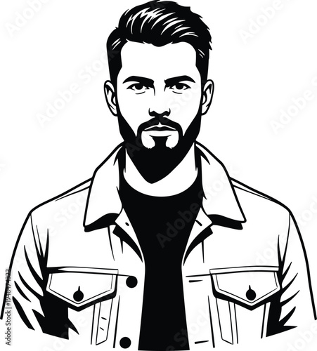 Stylized black and white vector illustration of man with beard and styled hair, wearing collared jacket, bold artistic design