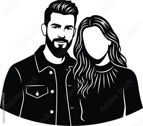 Stylized black and white silhouette illustration of two individuals, man with beard and jacket, woman with blank facial features