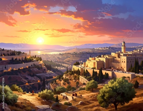 Cityscape view at sunset with golden light, rolling hills, ancient architecture, trees, and paths