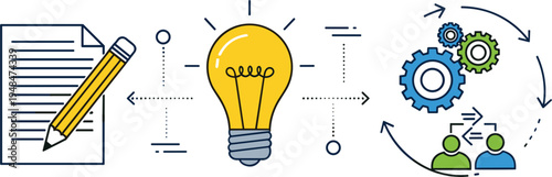 Creative workflow and innovation process vector illustration featuring document pencil idea light bulb gears arrows and teamwork collaboration for business development and brainstorming concepts.