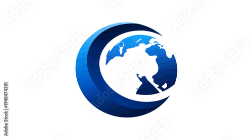 A stylized globe graphic with a curved blue design element, showing continents in shades of blue