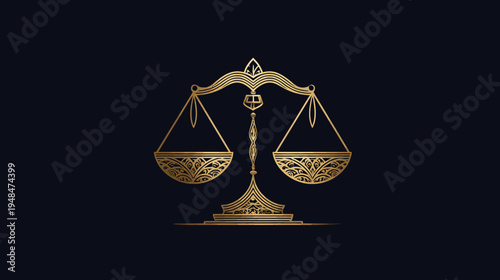 A gold-colored balance illustration on a dark blue background. The balance is intricately designed