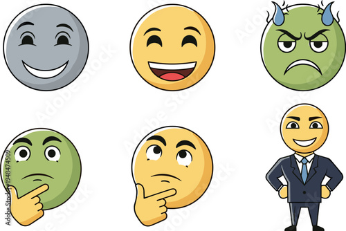 Emotional expressions vector illustrations featuring happy, sad, thinking, and confident faces for emotion, character design, and communication projects.