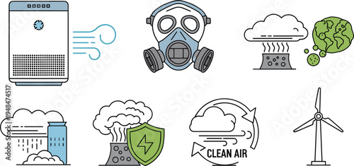 Environmental protection and clean air vector illustrations featuring air purifiers, gas masks, pollution control, and wind turbines for eco-friendly, sustainability, and air quality projects.
