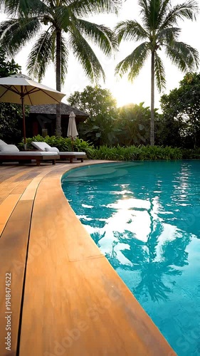 Tropical resort pool with palm trees.