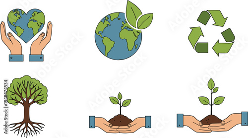 Environmental protection and sustainability vector illustrations featuring the Earth, trees, recycling, and planting for eco-friendly, nature conservation, and green initiatives projects.